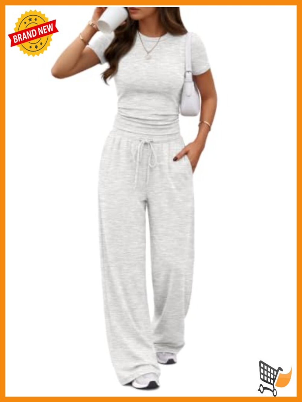 Rayon Spandex 2 Piece Lounge Set Short Sleeve Top Wide Leg Pants Pockets
